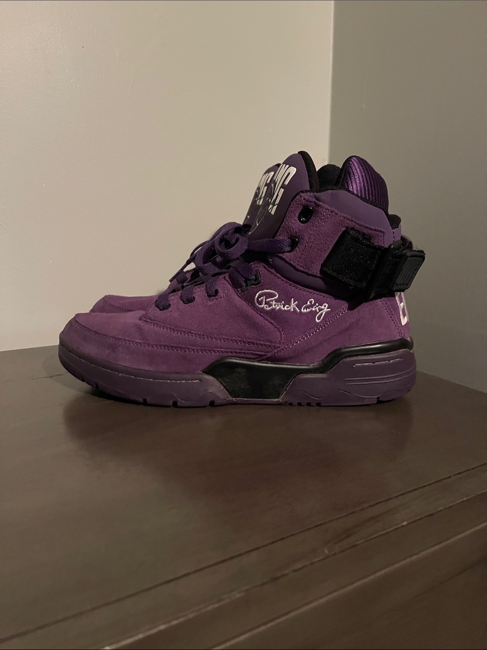 Men's 8.5 Athletic High-Top Patrick Ewing’s Sneakers in Purple, Black and white.